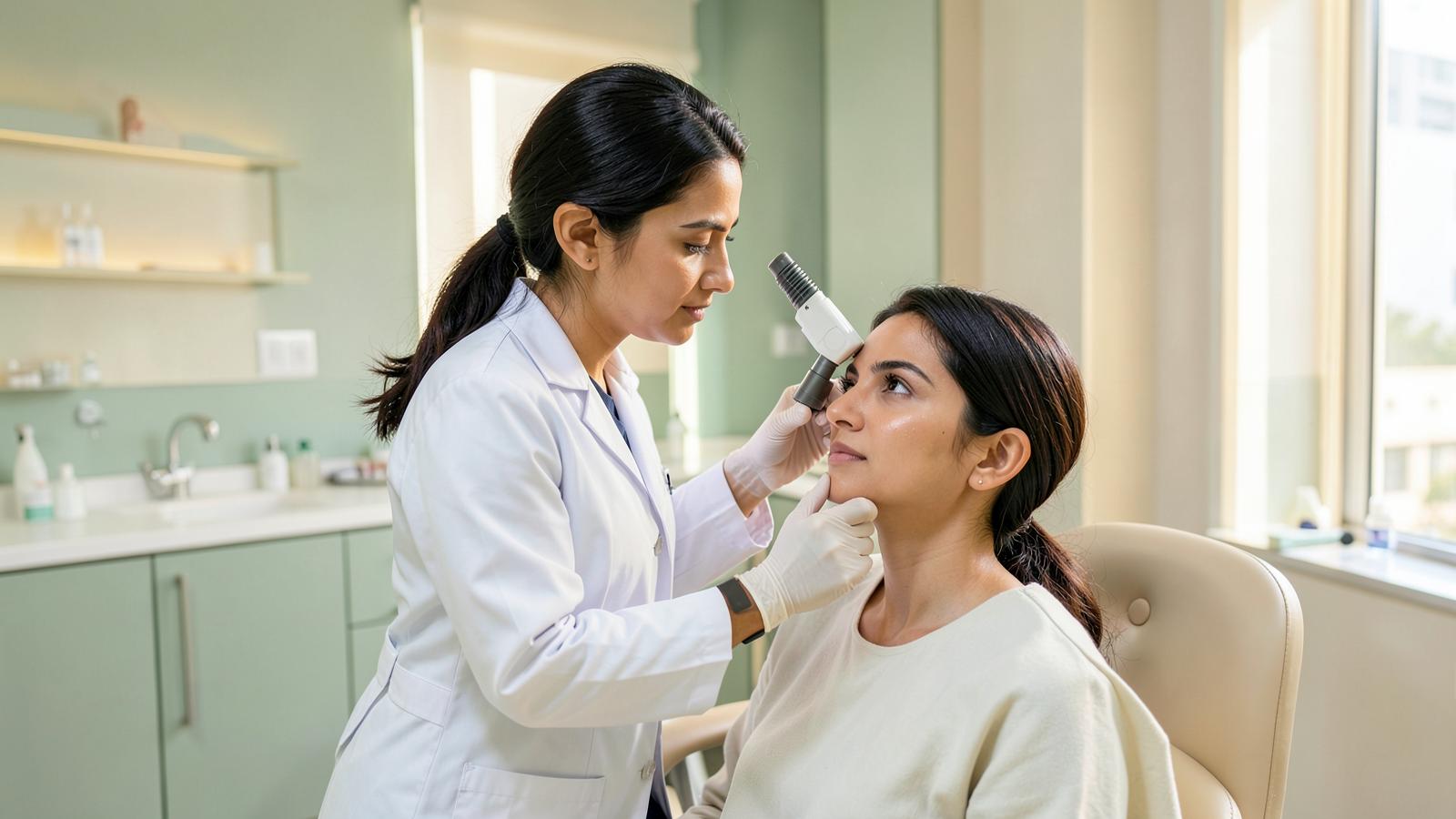 Clinician assessing a patient during a consultation at RE-GEN Advanced Face & Hair Centre